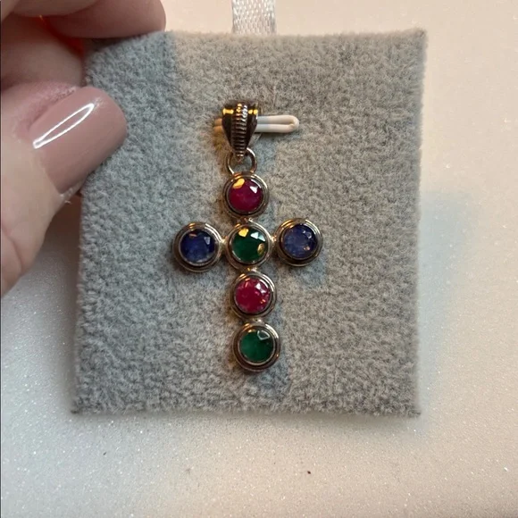 Ruby emerald and sapphire cross in sterling silver - Picture 3 of 8
